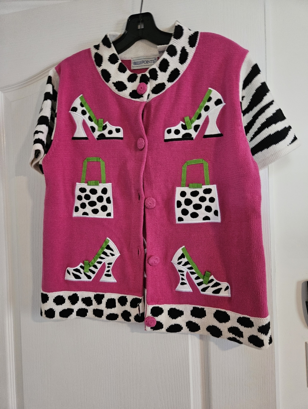 Bright Pink Novelty Cardigan with Shoe And Handbag Motif. Sz L, $35